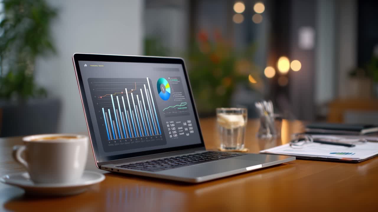 Forretningsanalyse vist på bærbar PC: En oversikt over dynamiske datavisualiseringer med grafer og trender i et moderne arbeidsmiljø