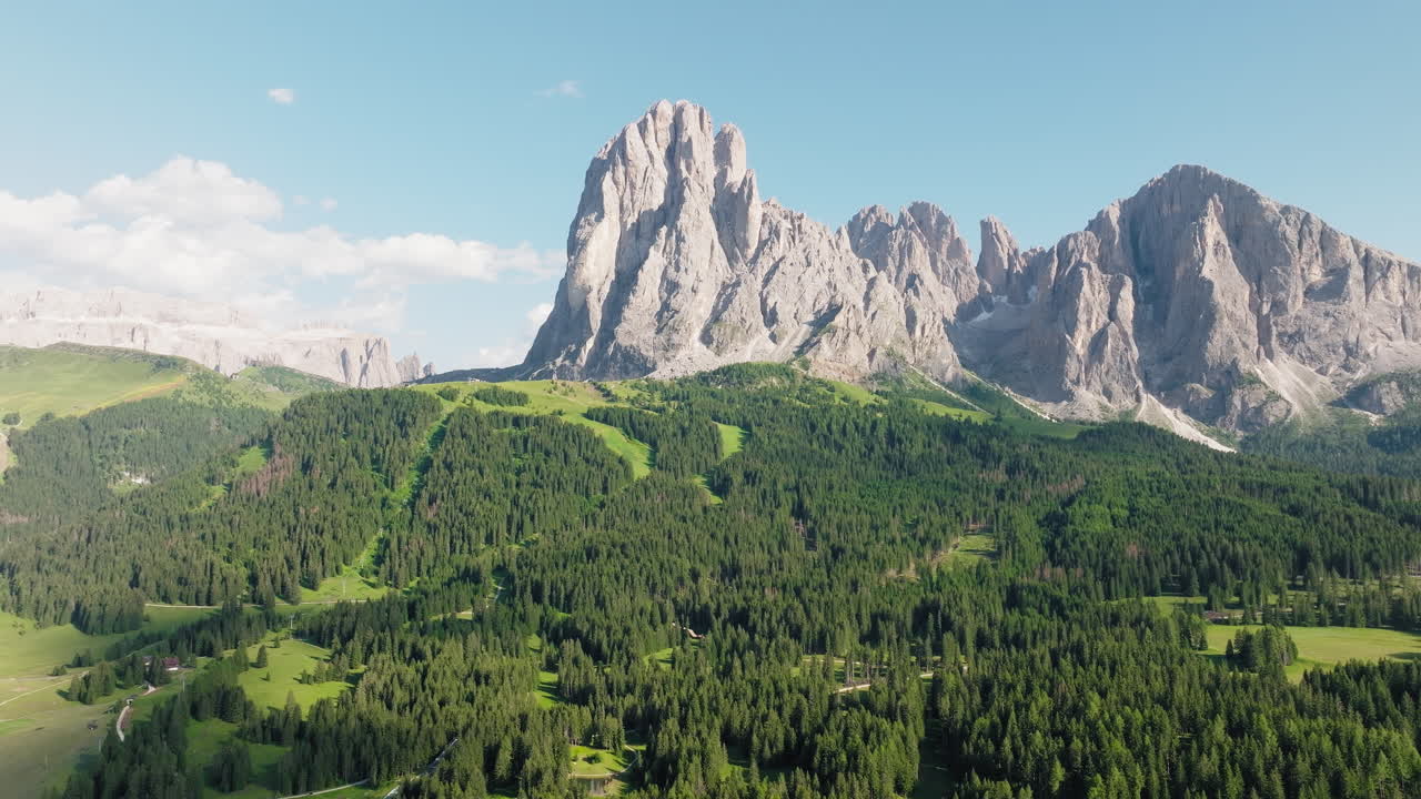 Panoramic drone shot of Langkofel mountain, Dolomites, Italy