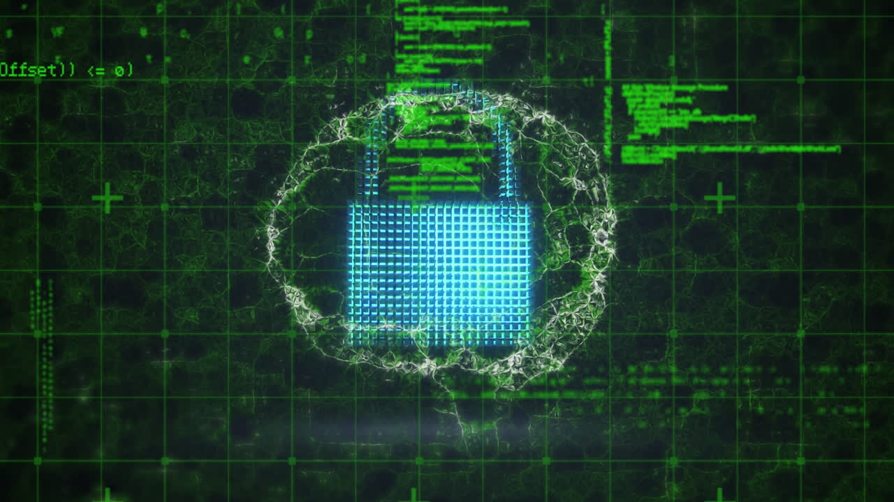 Animation of digital padlock and brain over data processing on black background
