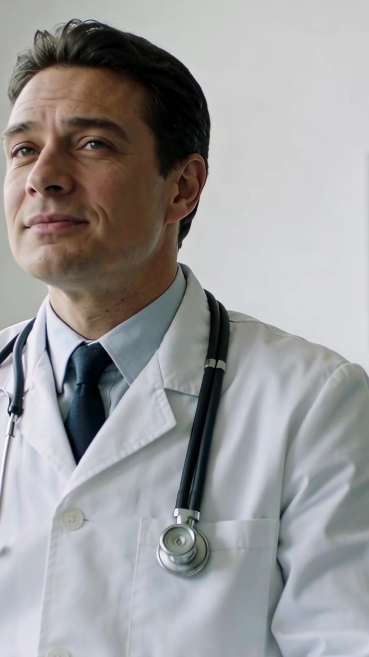 Video vertical: Médico varón cambiando de posición con bata de laboratorio, estetoscopio, inclinando la mirada mientras piensa en la clínica