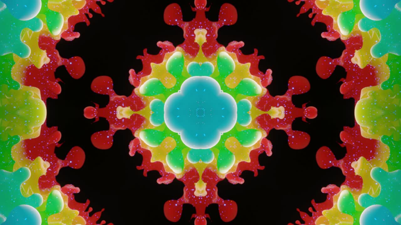 estructuras 3d simétricas abstractas como el caleidoscopio líquido en animación en bucle, gradientes de color suaves con brillo brillante. efecto caleidoscopia con ondas abstractas. hermoso patrón 3d abstracto bg. dof