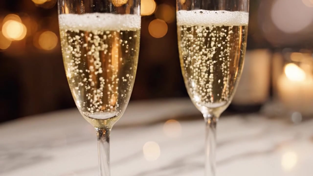 Deliziosa celebrazione: due flûte di champagne scintillanti che riposano elegantemente su una superficie di marmo, bollicine e luci soffuse che esaltano l'atmosfera festiva.