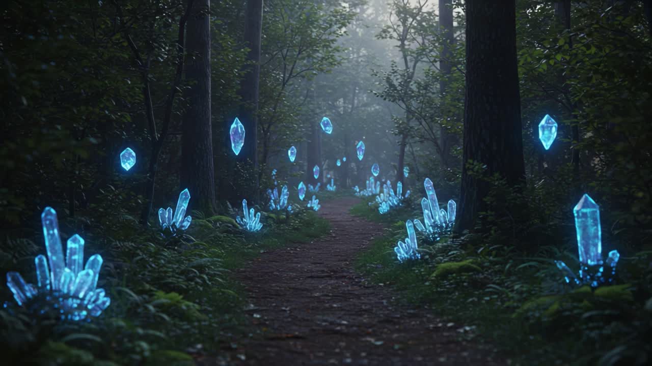 A Mystical Forest Path Lined with Glowing Blue Crystals, Illuminating the Foggy Wilderness and Creating a Fantastical Atmosphere of Enchantment and Wonder