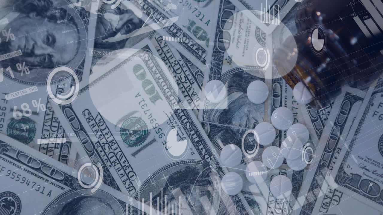 animación del procesamiento de datos financieros sobre billetes de dólares estadounidenses
