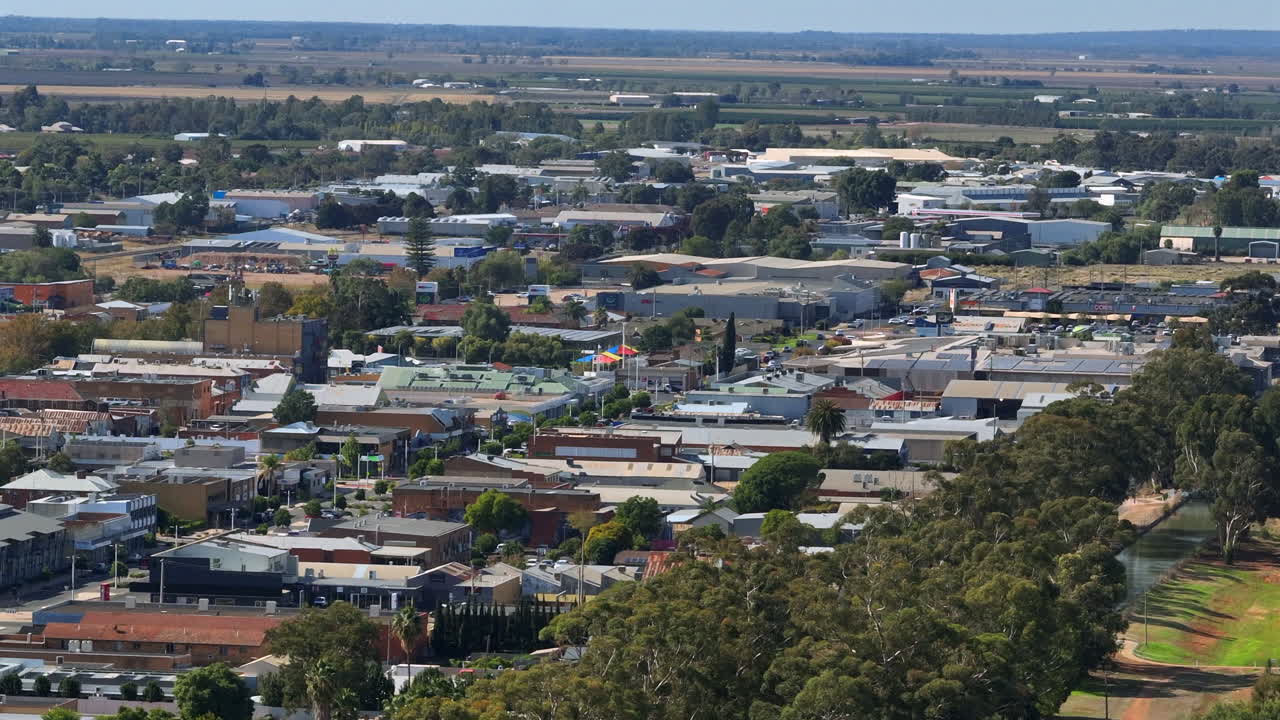 Aerial: Drone shot of Griffith town centre, NSW Australia