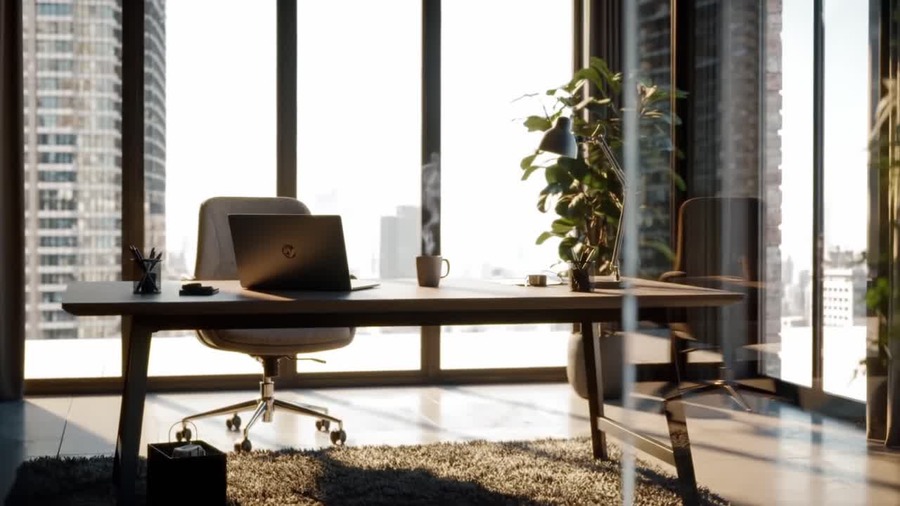 A Sophisticated Modern Office Space with Natural Light Streaming Through Large Windows, Featuring a Sleek Desk, Chair, and Elegant Greenery for a Productive Atmosphere