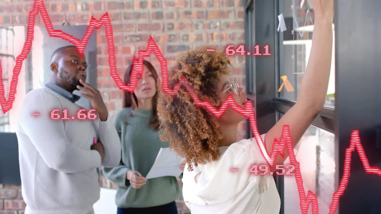 Animation of data processing and diagrams over diverse business people discussing work in office