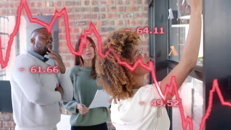 animation of data processing and diagrams over diverse business people discussing work in office