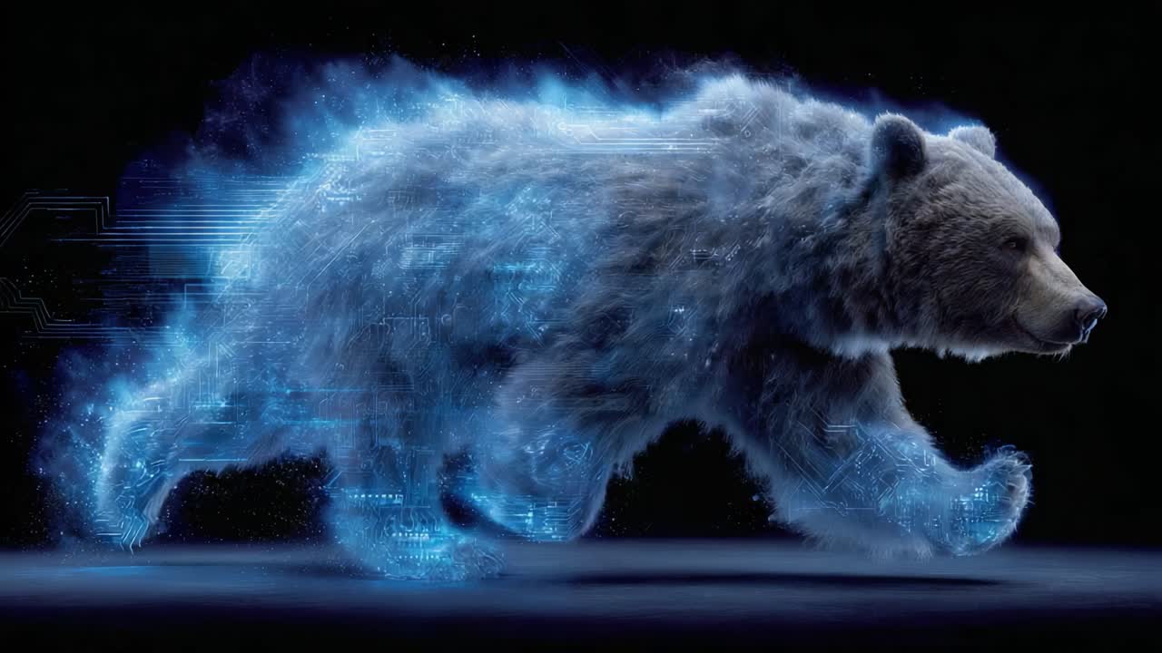Un orso digitale in movimento: una visualizzazione eterea di un orso che corre, che unisce tecnologia e natura in una straordinaria dimostrazione di effetti virtuali