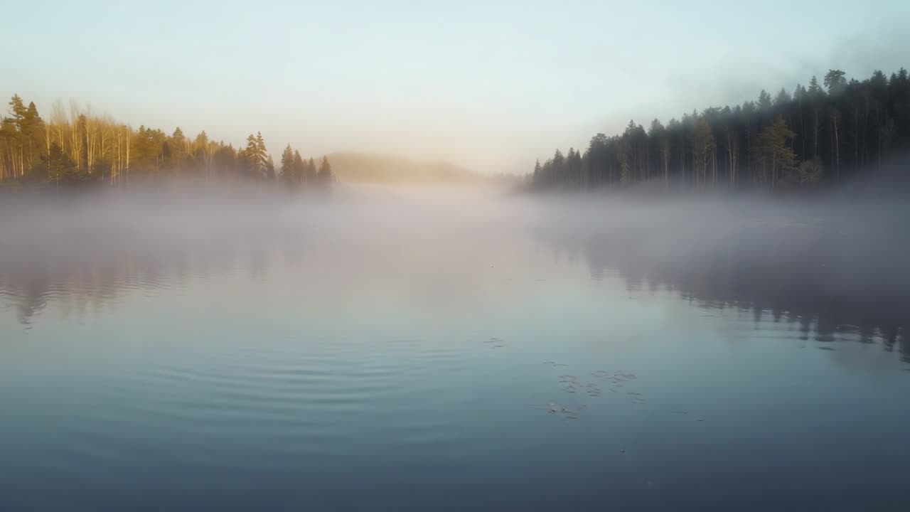 Drifting morning mist covering lake at dawn, water rippling and tree line reflections shimmering
