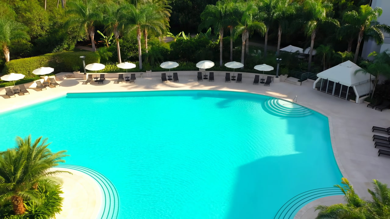 Aerial Shot Of Resort Swimming Pool Turquoise Water, Empty Loungers, White Umbrellas, Palm Trees, Curved Entry