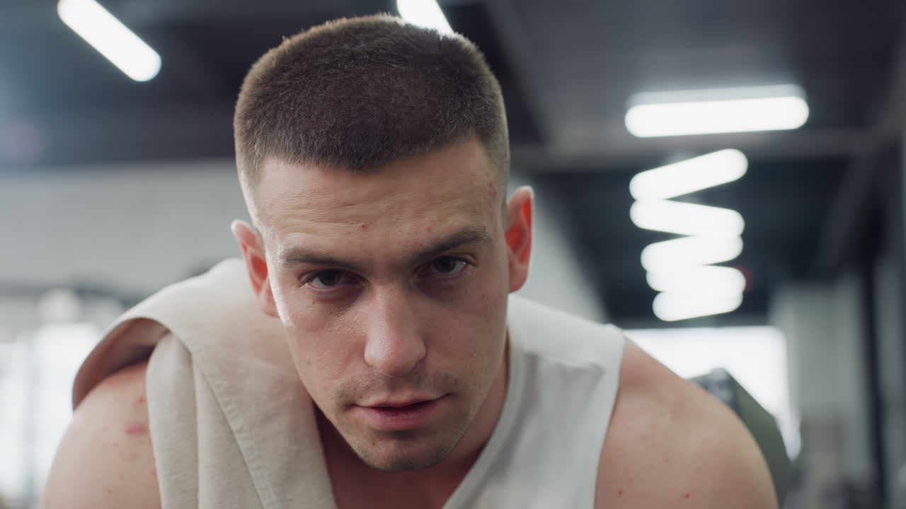 Gymnast sits on weight bench with towel draped over shoulder exhaling relief after intense chest press workout under bright modern gym lighting showing focused calm expression during recovery