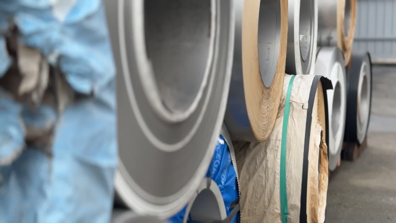 Steel coils are stocked in the real warehouse. An industrial workshop and warehouse are needed for the storage and distribution of products from a metallurgical plant. Type A