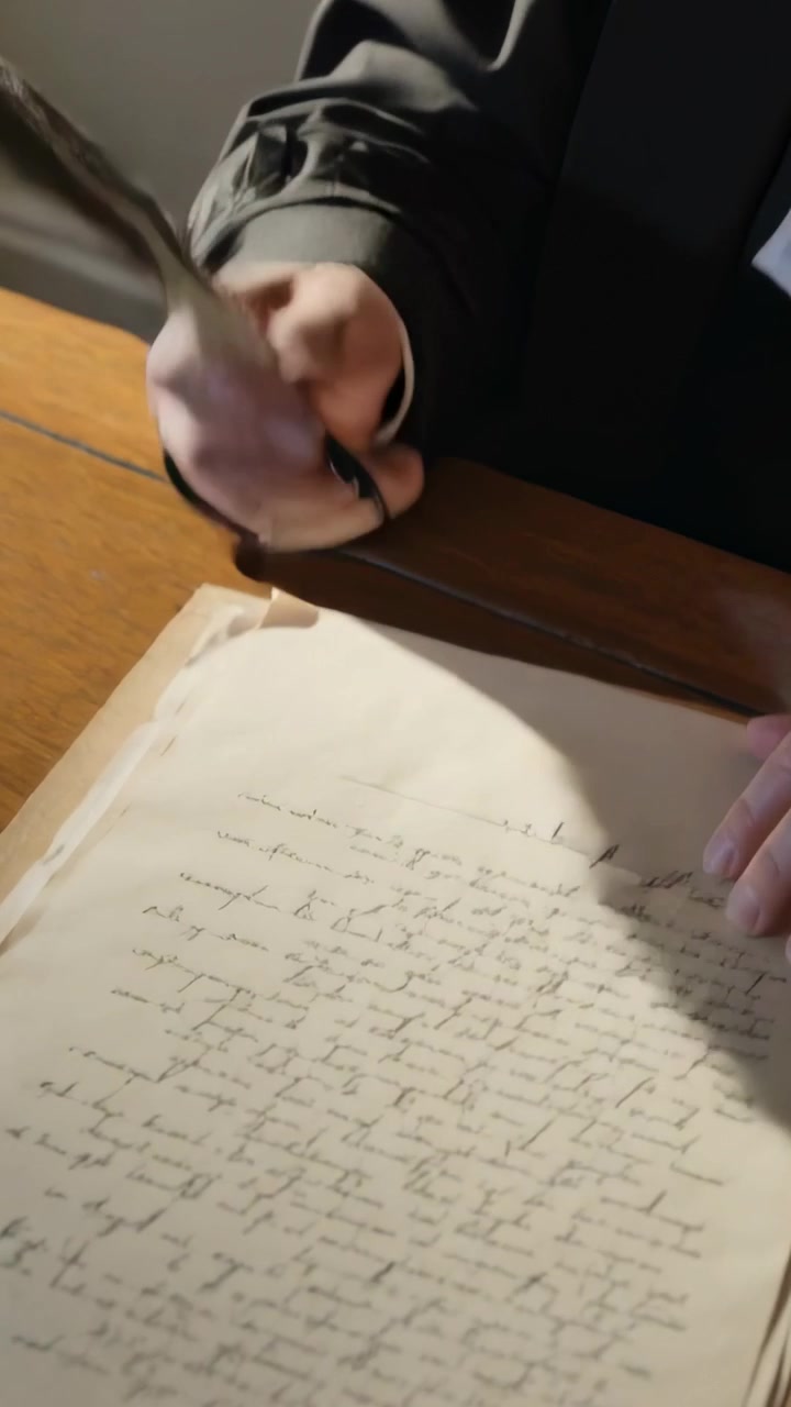 Vertical video: Reading pages, cleric in robe with tabs at wooden desk, picking quill, writing