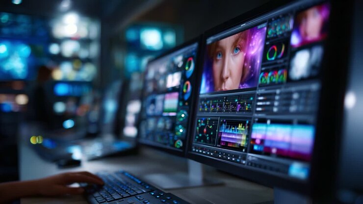 A Close-Up View of Digital Editing Monitors Showcasing Advanced Visual Effects and Real-Time Video Editing in a Modern Post-Production Environment