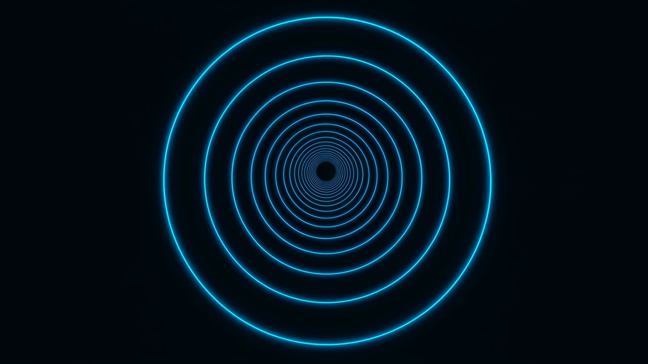Pulsing Neon Rings Radiating From Center, Electric Cyan Glow On Dark Backdrop, Hypnotic Expanding Circles