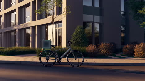 bicycle with glowing box parked on a sidewalk in front of a modern building at dusk