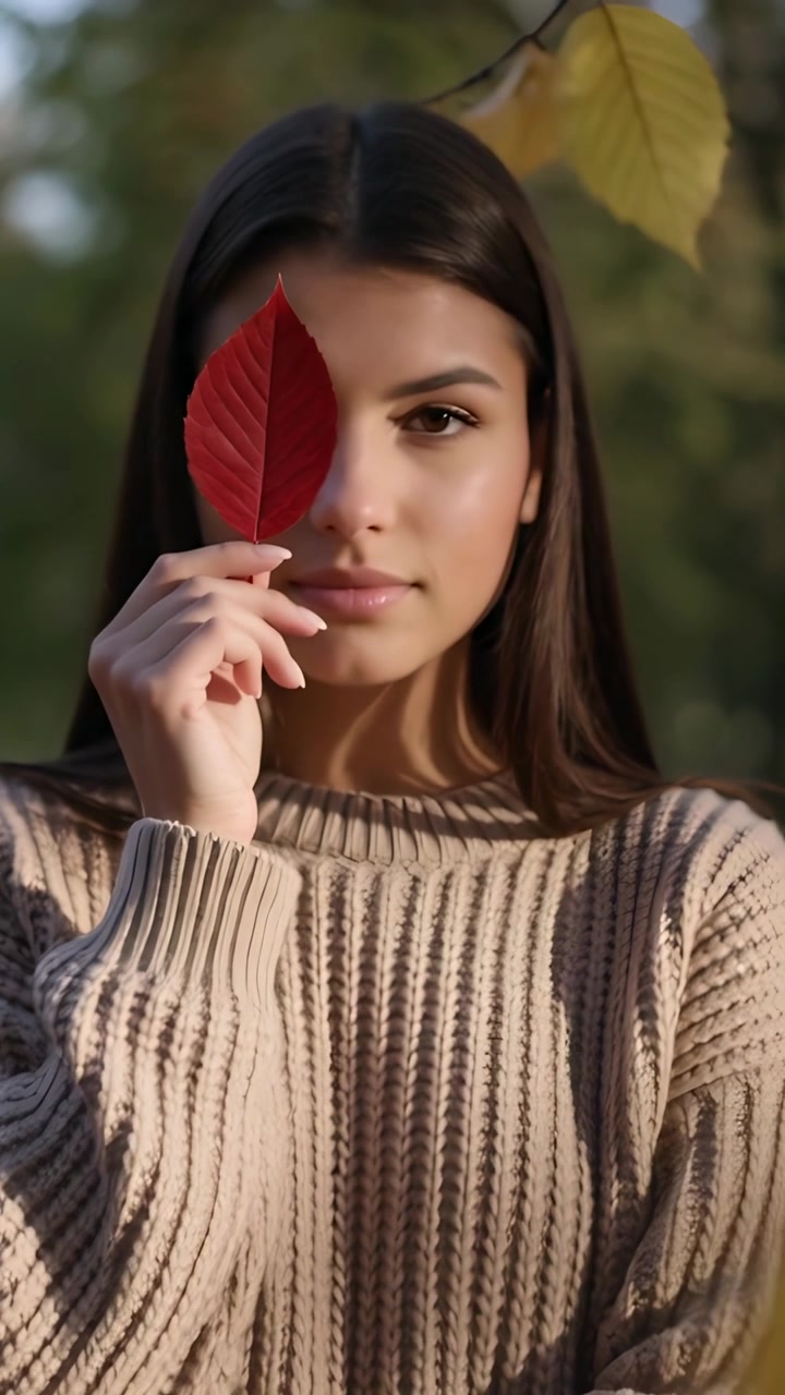 Video verticale: Sfocatura iniziale, modella in maglia beige che solleva una foglia rossa, primo piano sull'occhio sinistro, ritratto nel parco con una foglia gialla.