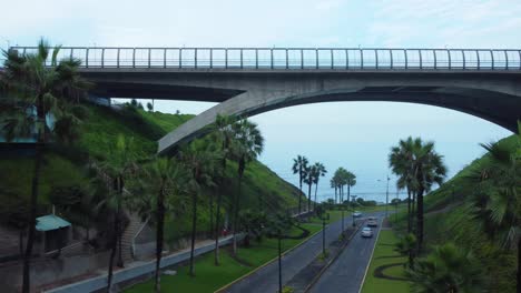 Downhill-street-called-"Bajada-Balta"-with-palm-trees-that-goes-under-a-bridge-on-green-grassy-hills