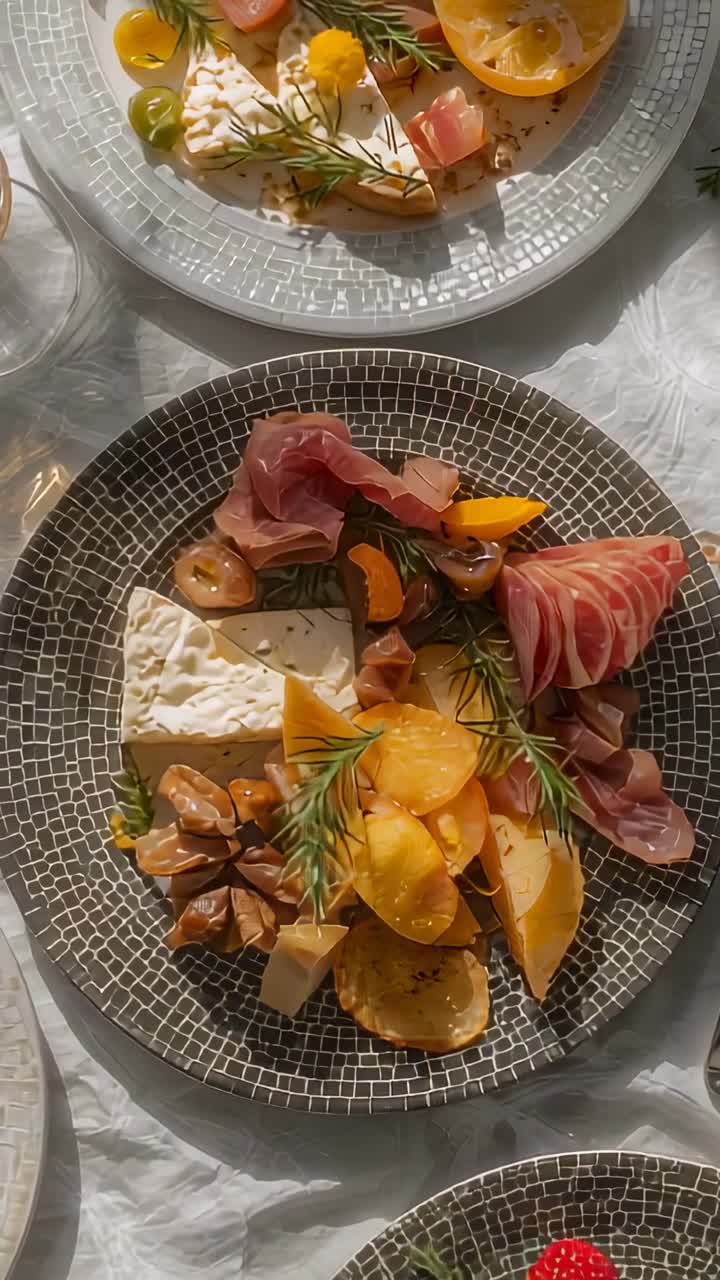 Video verticale: Telecamera in movimento, piatto a mosaico che rivela brie e prosciutto su un panno bianco per mostrare i dettagli.