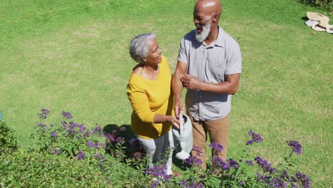 African-american-senior-couple-smiling-while-watering-plants-together-in-the-garden