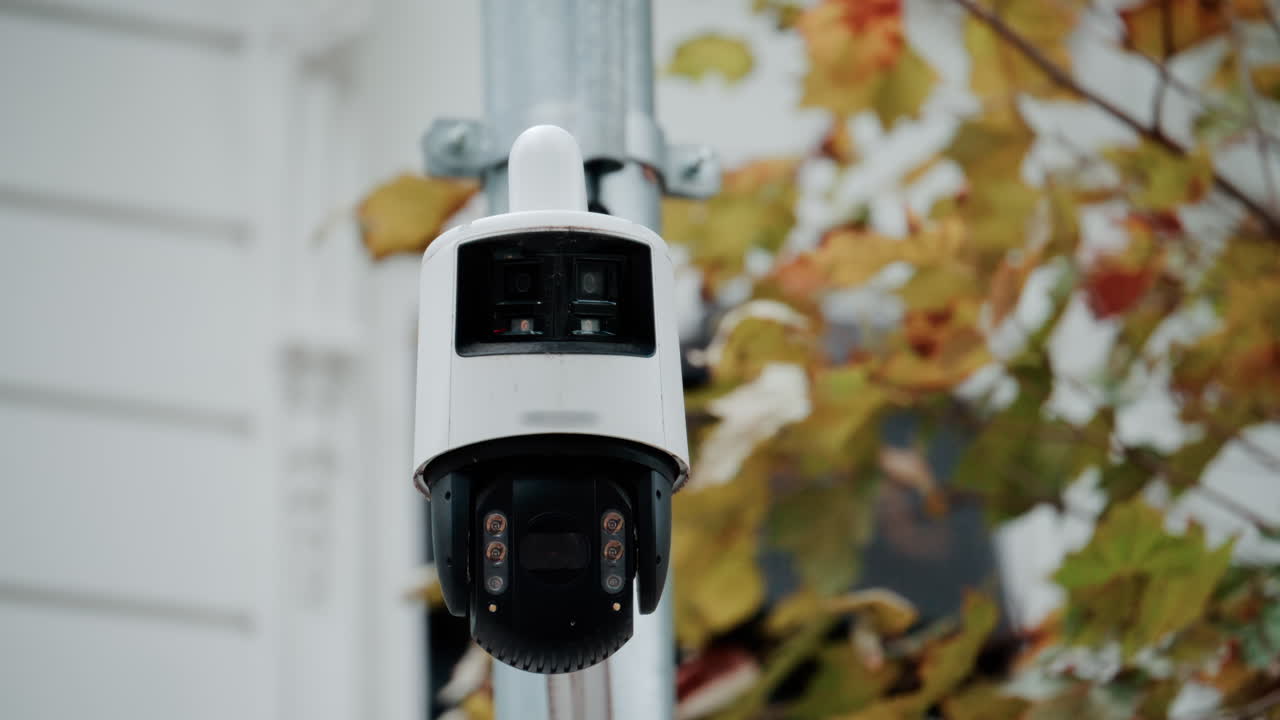 Primo piano di una telecamera di sicurezza montata su un palo con foglie autunnali sfocate sullo sfondo