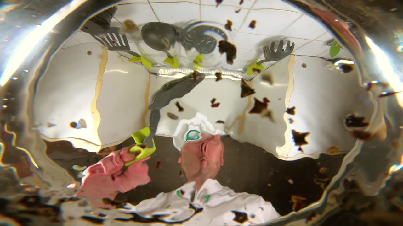 셰프는 채소 수프를 준비합니다. 셰프는 수프에 향신료를 추가합니다. 팬에서 보는 풍경입니다.