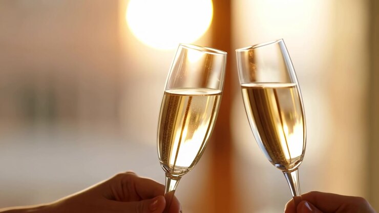 Due mani sollevano e fanno tintinnare delicatamente flûte di champagne piene di vino spumante pallido, bollicine che salgono, riflessi morbidi, un caldo bagliore retroilluminato e un'atmosfera di celebrazione raffinata in un ambiente interno intimo
