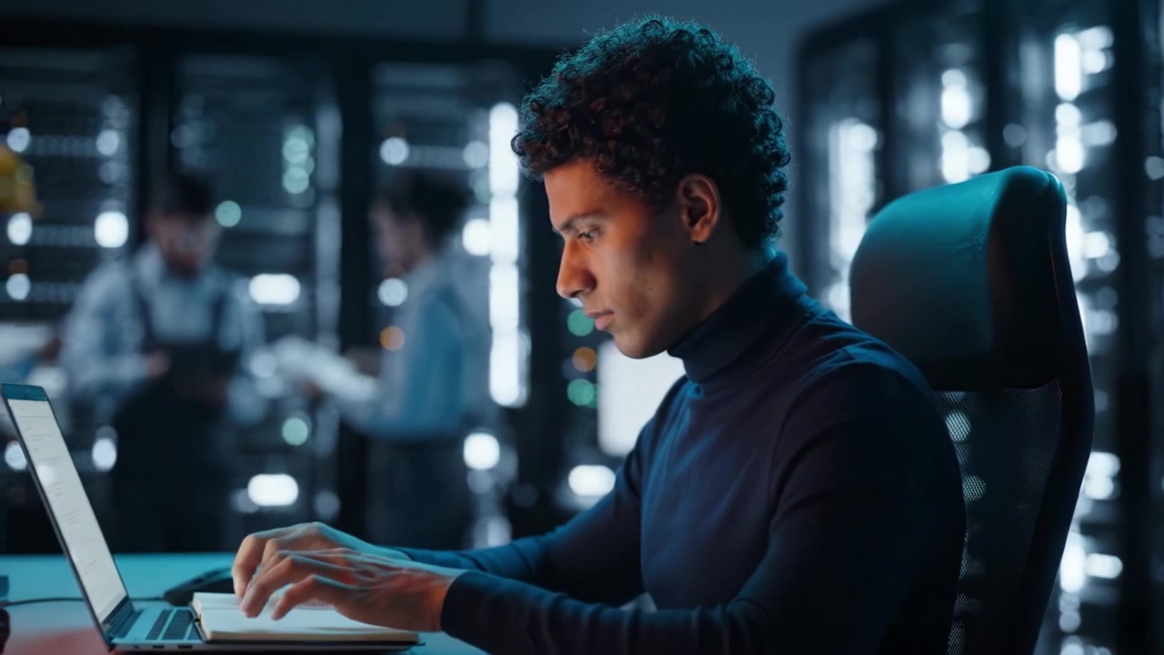 Focused individual working intently on a laptop in a modern data center environment, surrounded by professional colleagues engaged in technical discussions.