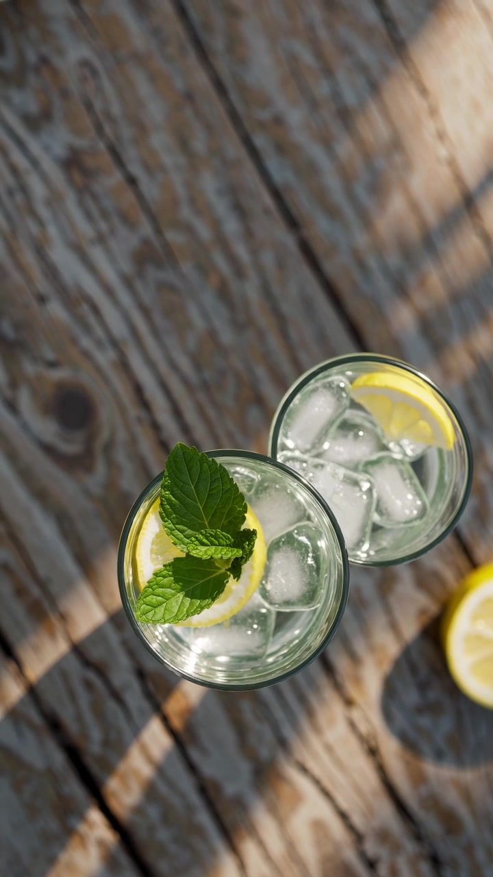 Refreshing Lemon and Mint Drinks with Ice on Rustic Wooden Table