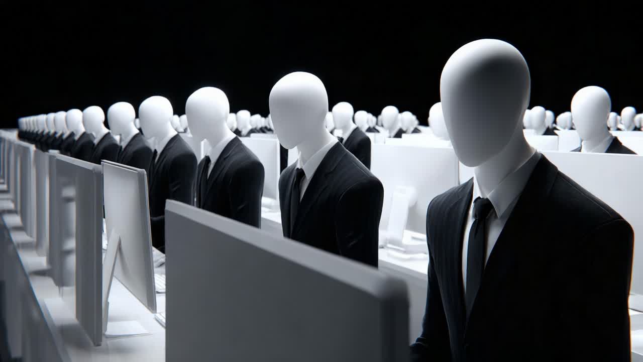 A stunning visual of a futuristic workspace filled with faceless figures in suits, seated at sleek desks, each facing a glowing monitor, presenting a striking commentary on conformity and technology