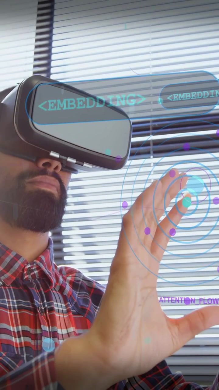 Video verticale: Uomo con VR che inclina la testa, si protende e manipola un'interfaccia utente tracciando la sua mano per la tecnologia.
