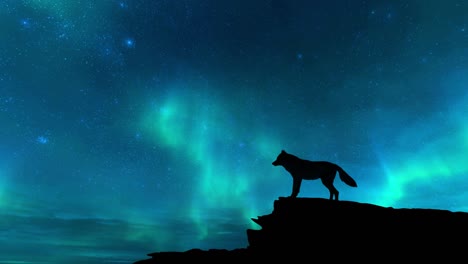 Einsamer-Wolf-Heult-Nachts-Am-Bergrand-Mit-Sternenklarem-Polarlichthimmel-Im-Hintergrund