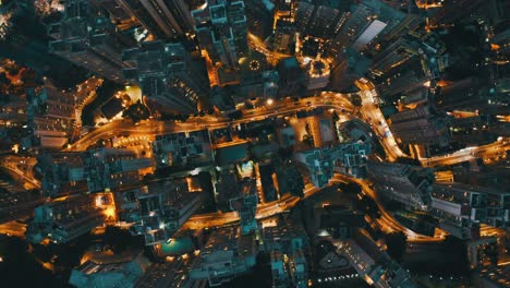 drone shot, traveling upward and rotating, of a huge city with hundreds of skyscrapers during the night. it's an urban jungles like a maze and the streets busy with cars