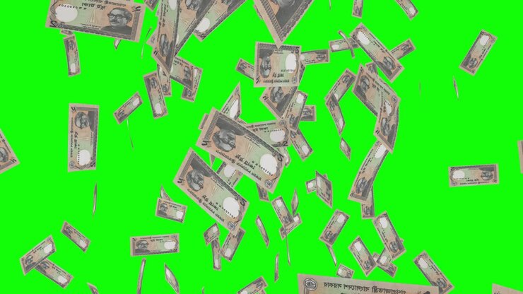 2 billetes de taka de bangladesh que caen en la pantalla verde