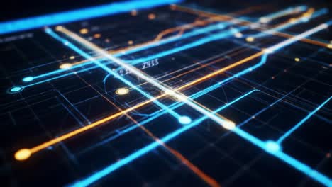 a deep dive into a mesmerizing digital city landscape with vibrant blue and orange pathways illuminating the grid. the visual captures the complexity and beauty of urban layouts at night.