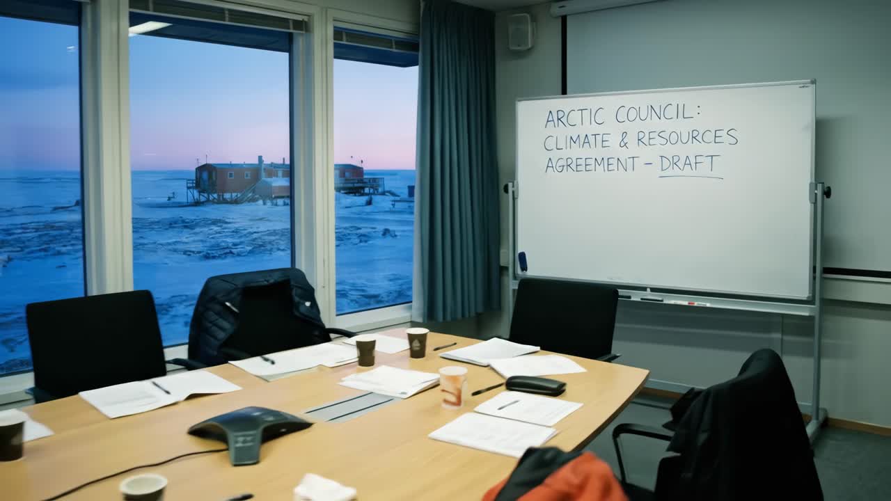 Tomt konferanserom med utsikt over arktisk landskap og utkast til klimaavtale