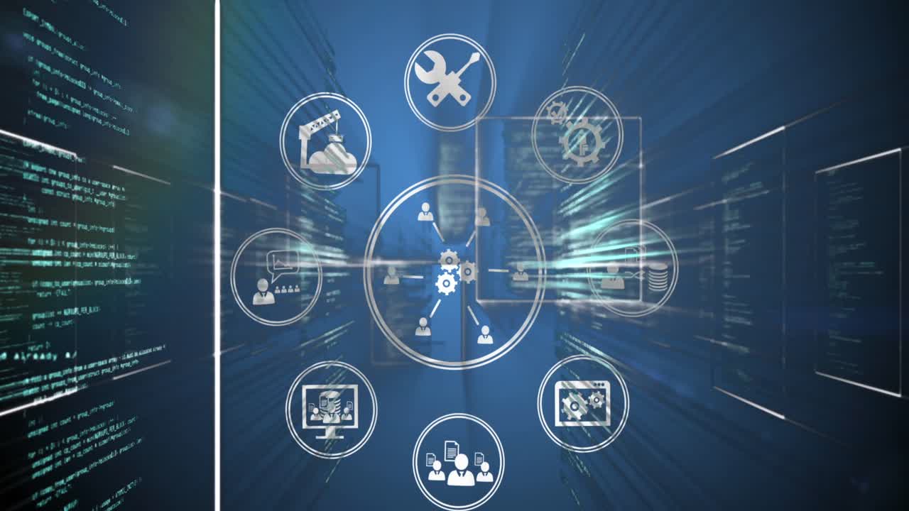 animaciones de la red de conexiones con iconos sobre el procesamiento de datos en fondo oscuro