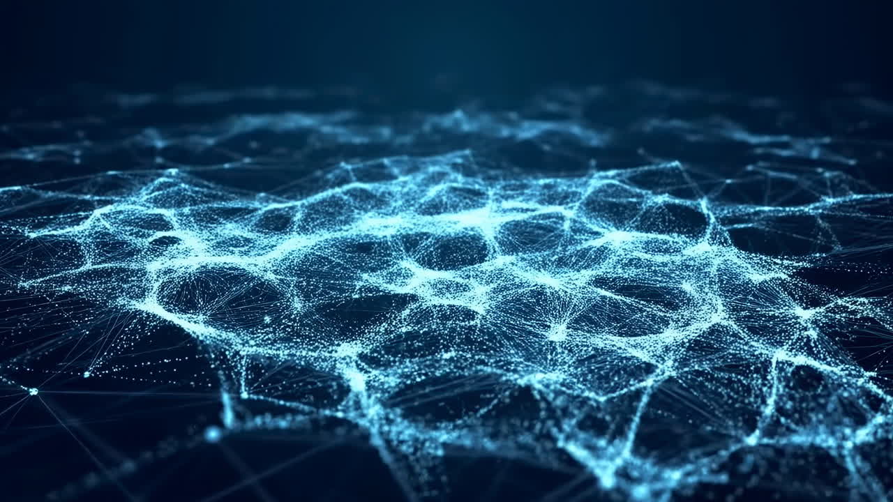 Glowing Blue Network Of Nodes Pulsing Connections Create Undulating Digital Grid Over Dark Plane Streaming
