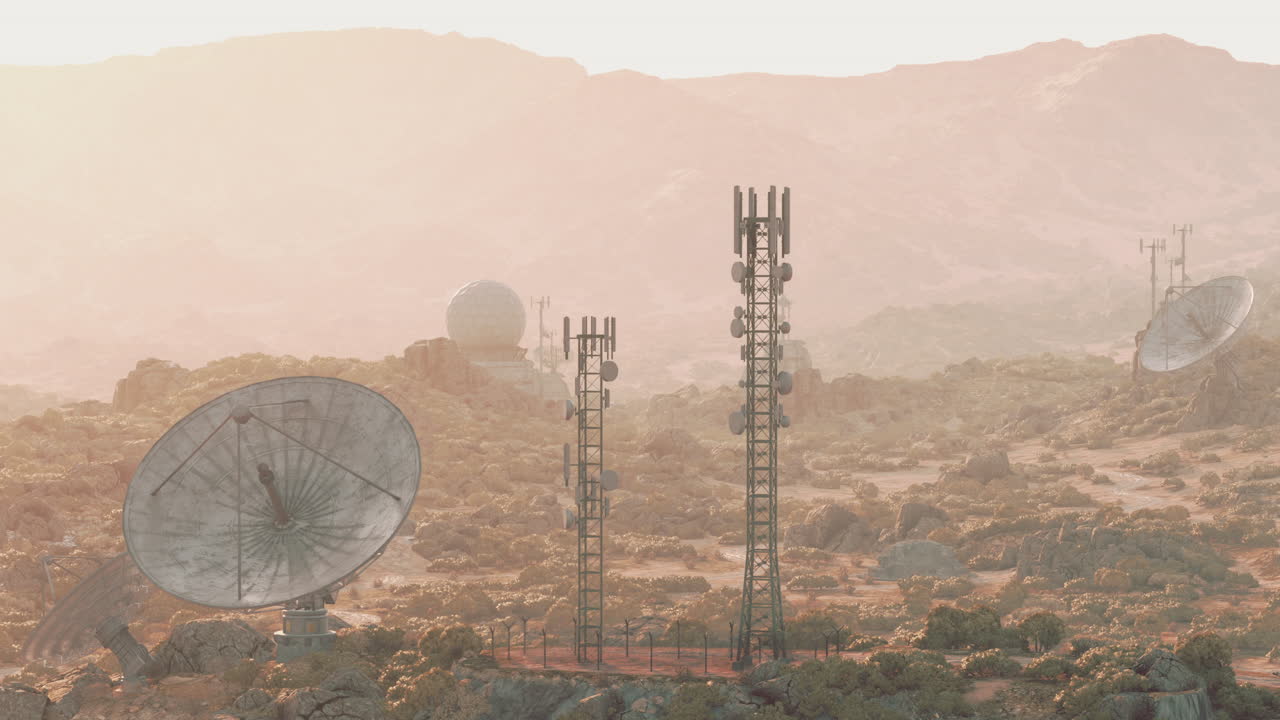 antenas parabólicas y torres de comunicación en un paisaje desértico