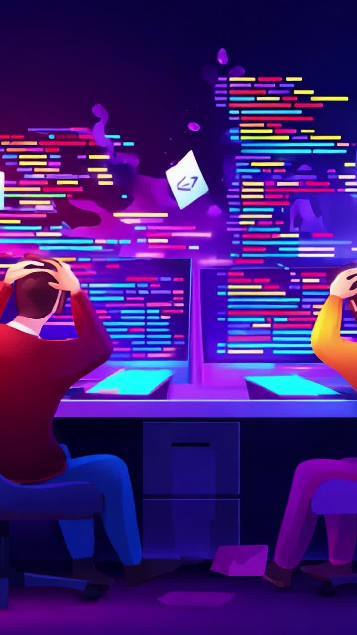 Frustrated Programmers Stuck in a Coding Loop with Lines of Colorful Code Displaying Behind Them in a Dark, Futuristic Workspace Environment