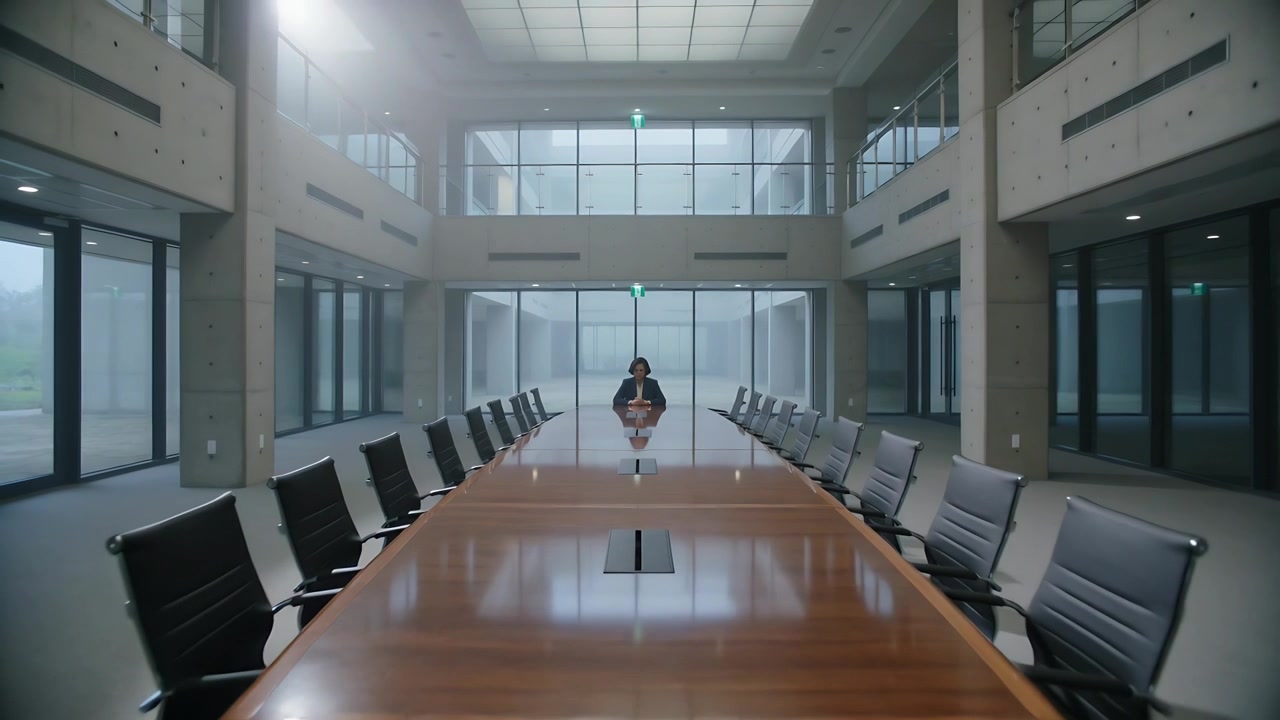 Pulling back camera, executive wearing dark suit sitting at conference table head, awaiting meeting