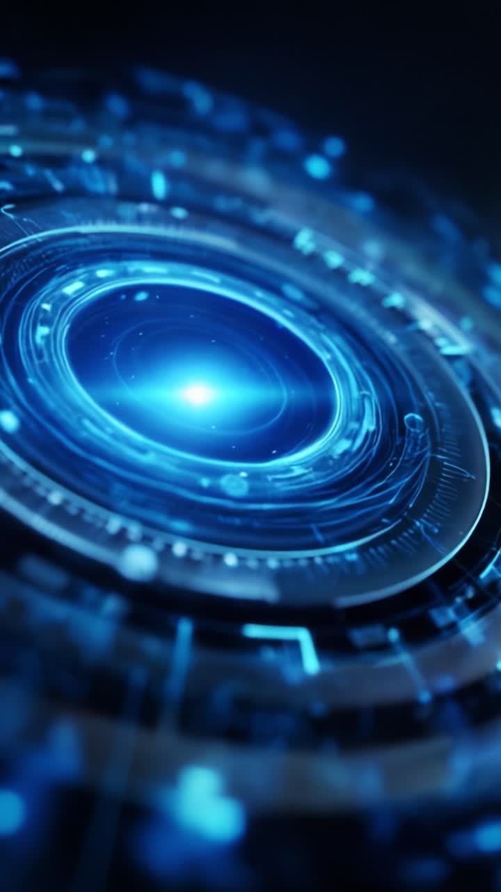 Futuristisk abstrakt design med en glødende blå kule og sirkulære mønstre i et høyteknologisk miljø med intrikate digitale kretser og lyseffekter