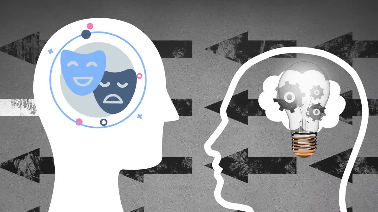 анимация человеческих голов с облаками и зубчиками над стрелами