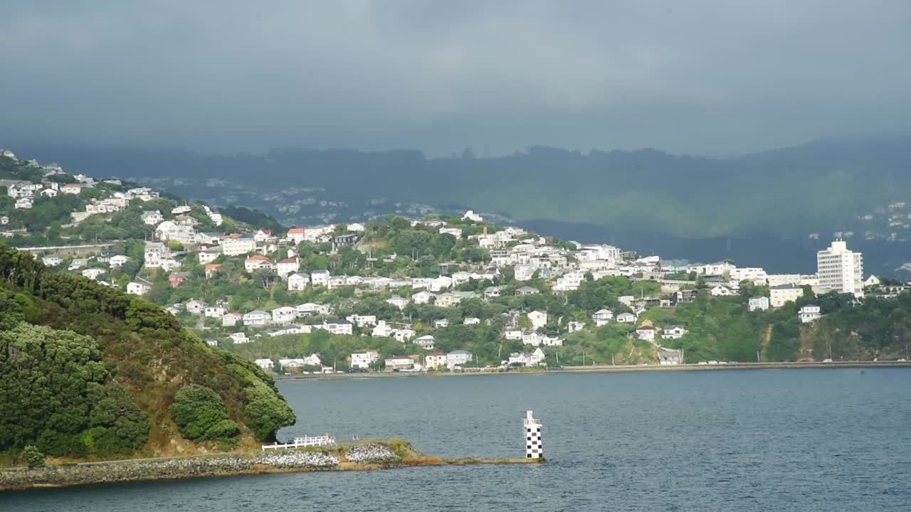 Green hills with houses in the bay of Wellington. The sea in the froground, view from the leaving ferry.