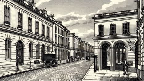historical city street scene engraving with horse-drawn carriages