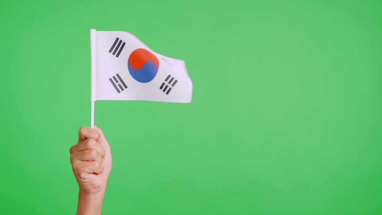 Wind waving a south korean pennant holding by a hand