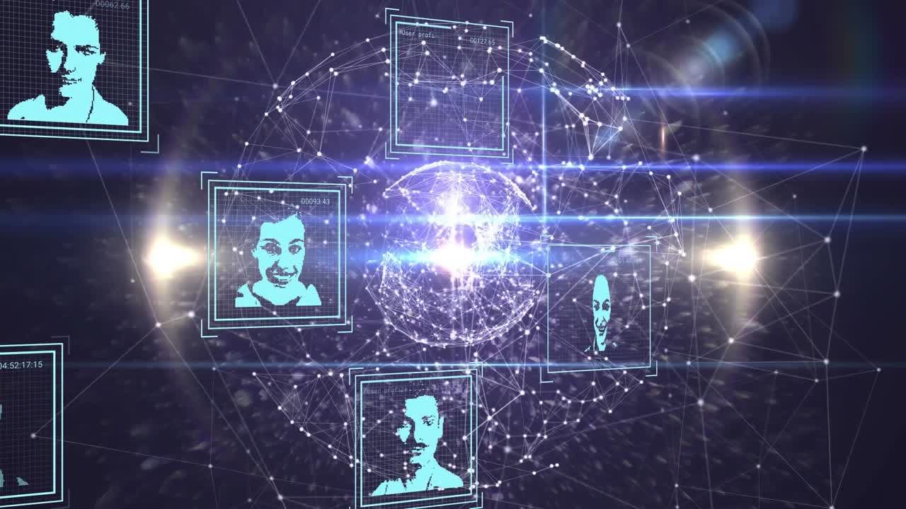 Animation of network of connections with people's photos over spinning globe
