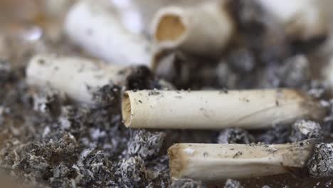 extreme close up of cigarette butts in a full ash tray