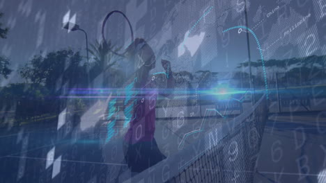 female tennis player swinging racket on outdoor court, showcasing tech binary code and data charts